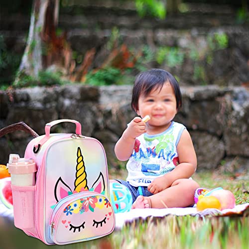 BTOOP Lunch Box Kids for Girls Insulated Lunch Bag Cute Reusable Toddler Thermal Meal Cooler Tote Bags with Removable Shoulder Strap for School Travel (Rainbow 1)