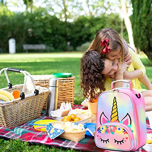 BTOOP Lunch Box Kids for Girls Insulated Lunch Bag Cute Reusable Toddler Thermal Meal Cooler Tote Bags with Removable Shoulder Strap for School Travel (Rainbow 1)