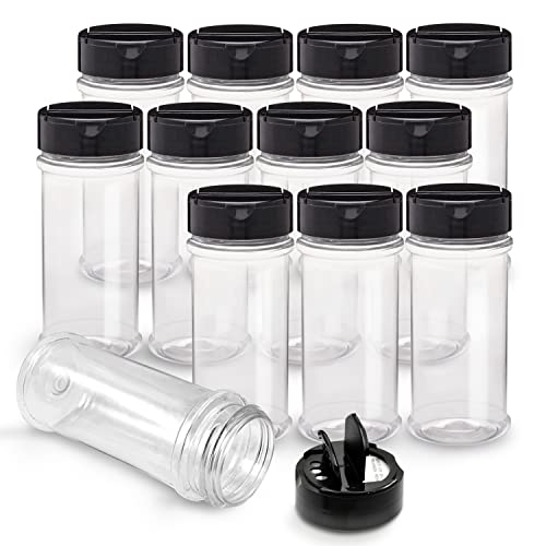 RoyalHouse 12 Pack 5.5 Oz Plastic Spice Jars with Black Cap, Clear and Safe Plastic Bottle Containers with Shaker Lids for Storing Spice, Herbs and Seasoning Powders, BPA Free, Made in USA