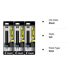 Pilot G2 Gel Ink Refill, 2-Pack for Rolling Ball Pens, Bold Point, Black Ink, Pack Of 3 = 6 Refills