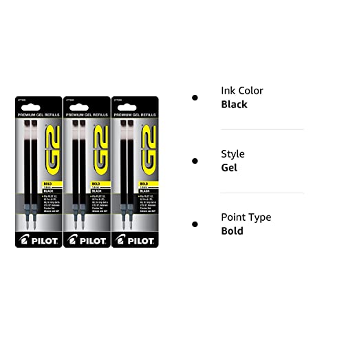 Pilot G2 Gel Ink Refill, 2-Pack for Rolling Ball Pens, Bold Point, Black Ink, Pack Of 3 = 6 Refills