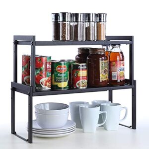 SunnyPoint Expandable Cabinet Storage Rack - Tabletop Storage Spice Shelf Organizer Rack (M - 15.1"~25.78" W X 7.87" D X 8.46" H, BLACK)