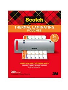 scotch thermal laminating pouches, 200 pack laminating sheets, 3 mil, 8.9 x 11.4 inches, education supplies & craft supplies, for use with thermal laminators, letter size sheets (tp3854-200)