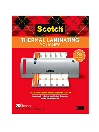 Scotch Thermal Laminating Pouches, 200 Pack Laminating Sheets, 3 Mil, 8.9 x 11.4 Inches, Education Supplies & Craft Supplies, For Use With Thermal Laminators, Letter Size Sheets (TP3854-200)