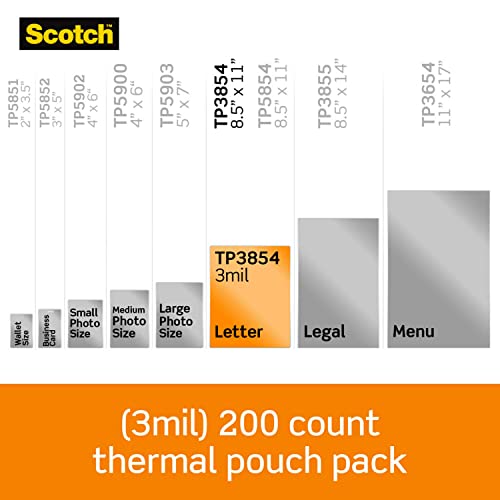 Scotch Thermal Laminating Pouches, 200 Pack Laminating Sheets, 3 Mil, 8.9 x 11.4 Inches, Education Supplies & Craft Supplies, For Use With Thermal Laminators, Letter Size Sheets (TP3854-200)