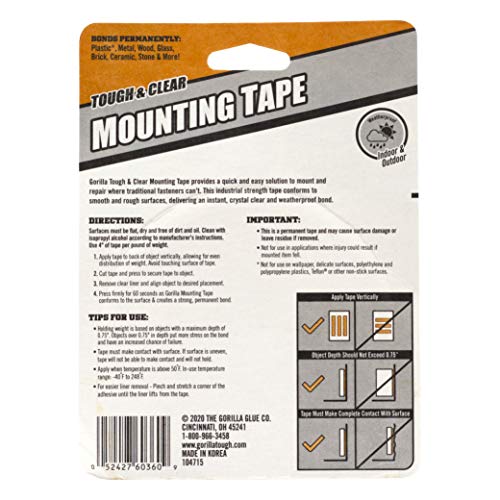 Gorilla Tough & Clear Double Sided Adhesive Mounting Tape, Extra Large, 1" x 150", Clear, (Pack of 1)