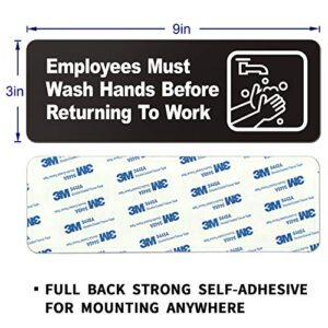 Employees Must Wash Hands Before Returning to Work Sign, (4 Pack) 9 x 3 Inch Acrylic Plastic Sign with Symbols, Self-adhesive, for Restaurant, Salons, Hotel, Motel, Rest Stops, Public Restrooms