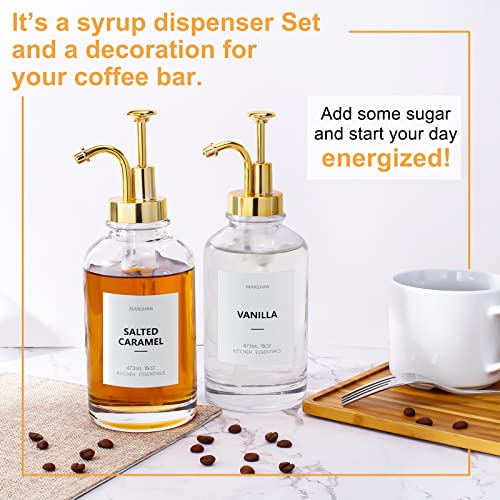 Coffee Syrup Dispenser for Coffee Bar Accessories, Coffee Pump Dispenser, Glass Syrup Bottle Pump, Maple/Coffee Syrup Bottles,18Pcs Coffee Syrup Labels, 17 oz 500 ml, 2 PCS Soap Dispenser Home Decor