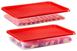 2 pack – zilpoo plastic bacon keeper, deli meat saver cold cuts cheese food storage container with lid for refrigerator, shallow low profile christmas cookie holder, 84 oz.