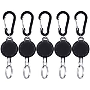 selizo 5 pcs retractable keychain retractable badge holder reel clip id badge holder with steel wire rope, black
