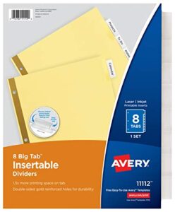 avery 8-tab binder dividers, insertable clear big tabs, 1 set (11112)