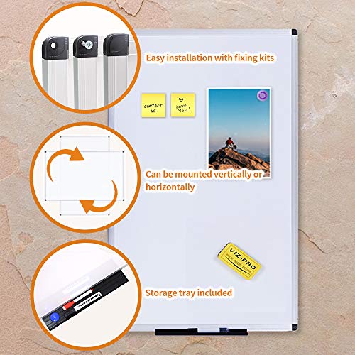 VIZ-PRO Magnetic Dry Erase Board, 36 X 24 Inches, Silver Aluminium Frame