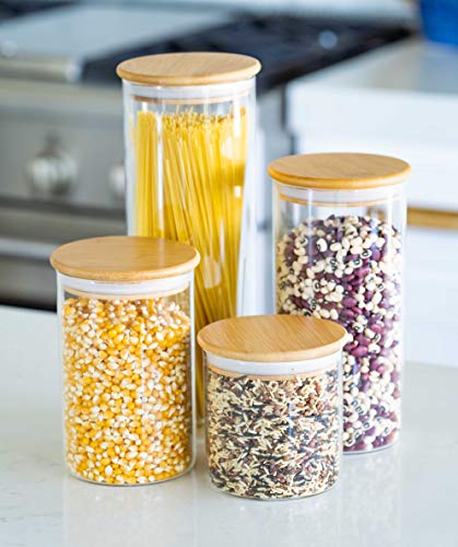 Glass Food Storage Containers with Lids by Sweetzer and Orange - Set of 4 Kitchen Canisters - Candy, Cookie, Rice and Spice Jars - Sugar or Flour Container - Big and Small Airtight Food Jar for Pantry