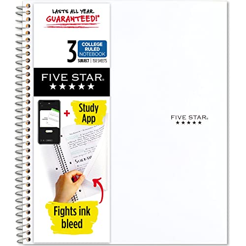 Five Star Spiral Notebook + Study App, 3 Subject, College Ruled Paper, 11" x 8-1/2", 150 Sheets, White, 1 Count (72464)