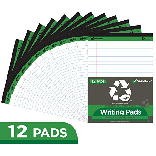 KAISA Legal Pads Writing Pads Recycled Paper, 8.5"x11.75" Wide Ruled, 50 sheets 8-1/2"x 11-3/4" Perforated Writed Pad, White Pack of 12pads, KSU-5293