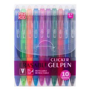 ParKoo Retractable Erasable Gel Pens Clicker, Fine Point 0.7mm, Assorted Color Inks for Drawing Writing, 10-Pack