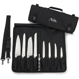 chef knife bag (8+ slots) is padded and holds 8 knives plus your meat cleaver, knife steel, 4 utensils, and a zipped pouch for tools! durable knife carrier also includes a name card holder. (bag only)