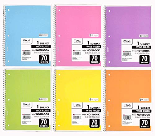 Mead Wide Ruled Spiral Notebooks, Bulk Pack of 12 Colors - 1-Subject Spiral Notebooks Wide Ruled - 70 Pages - Cute Single Subject Notebook Wide Ruled for Adult & Kids - School & Office Use.