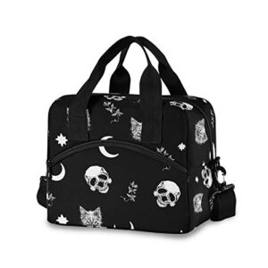 skull cat moon gothic insulated lunch bags reusable lunch tote bag cooler bag for women men adult lunch box with adjustable shoulder strap leakproof lunch bag for work school picnic camping