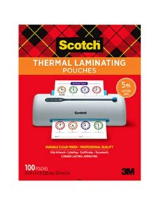 scotch thermal laminating pouches premium quality, 5 mil thick for extra protection, 100 pack letter size laminating sheets, our most durable lamination pouch, 8.9 x 11.4 inches, clear (tp5854-100)