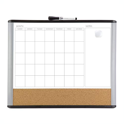 U Brands Magnetic Dry Erase 3-in-1 Calendar Board, 16 x 20 Inches, MOD Black/ Gray Frame, Magnet and Marker Included (388U00-01), Black & Grey