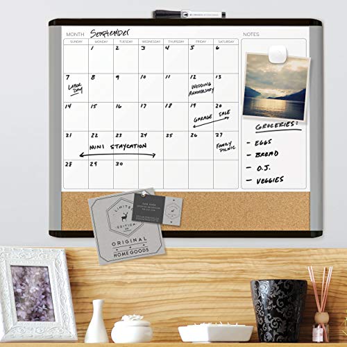 U Brands Magnetic Dry Erase 3-in-1 Calendar Board, 16 x 20 Inches, MOD Black/ Gray Frame, Magnet and Marker Included (388U00-01), Black & Grey