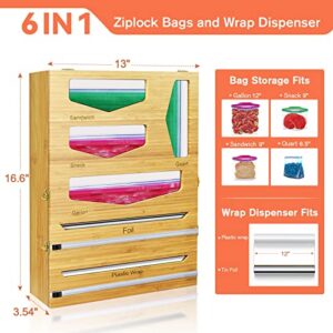 Ziplock Bag Organizer,Upgraded 6 in 1 Foil and Plastic Wrap Organizer,Bamboo Storage Organizer for Gallon,Quart,Sandwich & Snack Bag,Foil Dispenser With Cutter Fit 12" Plastic Wrap,Aluminum Foil