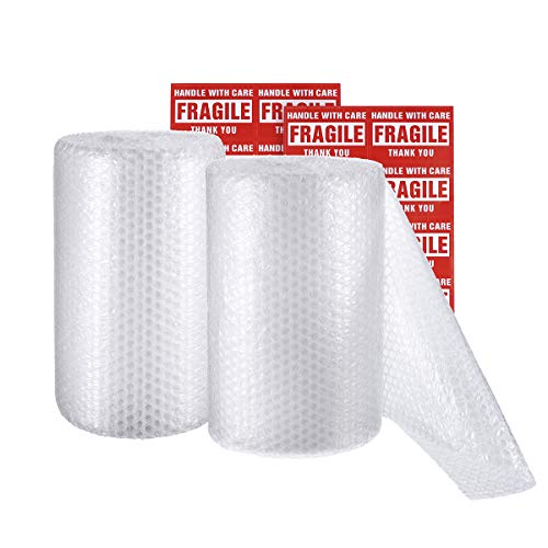 2-Pack Bubble Cushioning Wrap Rolls, 3/16" Air Bubble, 12 Inch x 72 Feet Total, Perforated Every 12", 20 Fragile Stickers Included