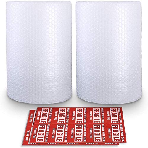 2-Pack Bubble Cushioning Wrap Rolls, 3/16" Air Bubble, 12 Inch x 72 Feet Total, Perforated Every 12", 20 Fragile Stickers Included