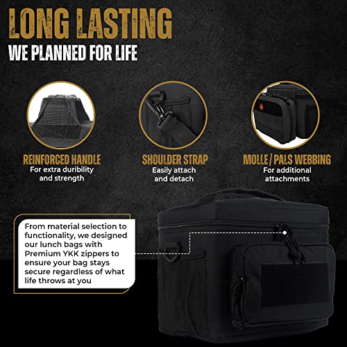 HSD 10mm Thick Insulated Adult Lunch Bag - Leak Proof for Hot & Cold Temperature - Tactical Style Easy To Clean, Durable & Water-Resistant - Sturdy Handle, Shoulder Strap, & Pockets - Men & Women