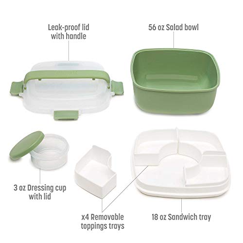 Goodful Stackable Lunch Box Container, Bento Style Food Storage with Removeable Compartments for Sandwich, Snacks, Toppings & Dressing, Leak-Proof and Made without BPA, 56-Oz, Green