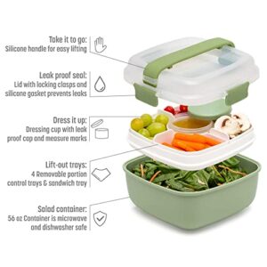 Goodful Stackable Lunch Box Container, Bento Style Food Storage with Removeable Compartments for Sandwich, Snacks, Toppings & Dressing, Leak-Proof and Made without BPA, 56-Oz, Green