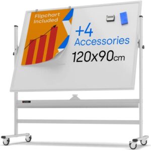rolling magnetic whiteboard 48 x 36 – large portable dry erase board with stand – double sided easel style whiteboard with wheels – mobile standing whiteboard for office, classroom & home