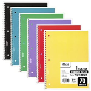 mead spiral notebooks, 6 pack, 1-subject, college ruled paper, 10-1/2″ x 7-1/2″, 70 sheets per notebook, assorted colors (73065)