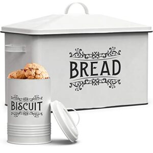 nook & fork farmhouse bread box – xl size bread storage container with matching biscuit tin in white metal – bread boxes for kitchen counter extra large (vintage design)
