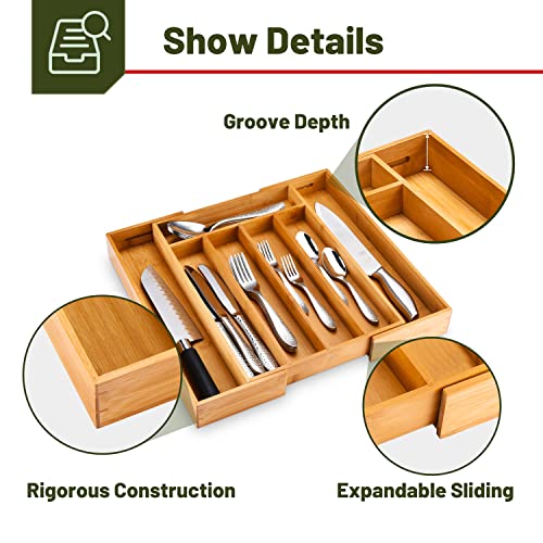 Greenual Silverware Organizer 15 In Utensil Organizer Silverware Tray for Drawer Expandable Cutlery Flatware Organizer for Kitchen Bamboo Wood