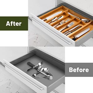 Greenual Silverware Organizer 15 In Utensil Organizer Silverware Tray for Drawer Expandable Cutlery Flatware Organizer for Kitchen Bamboo Wood