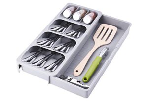 somier expandable kitchen drawer organizer, adjustable cutlery trays and utensil holder, kitchen drawer dividers storage for silverware, flatware, knives, spoons, gray
