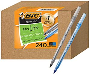 bic pens large bulk pack of 240 ink pens, bic round stic xtra life ballpoint , medium point 1.0 mm, 120 black & 120 blue pens in box combo pack