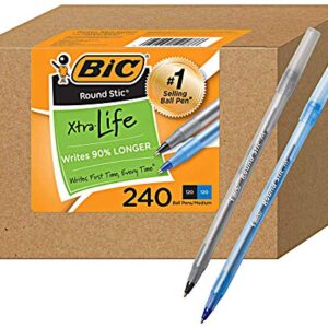 BIC PENS Large Bulk Pack of 240 Ink Pens, Bic Round Stic Xtra Life Ballpoint , Medium point 1.0 mm, 120 Black & 120 Blue Pens in Box Combo Pack