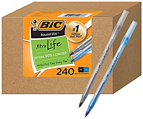 BIC PENS Large Bulk Pack of 240 Ink Pens, Bic Round Stic Xtra Life Ballpoint , Medium point 1.0 mm, 120 Black & 120 Blue Pens in Box Combo Pack