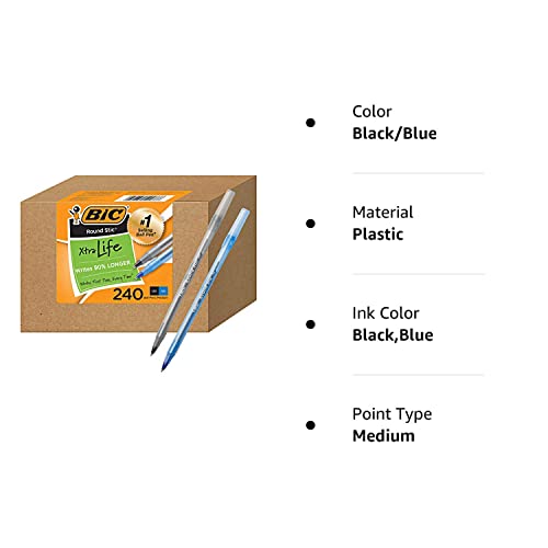 BIC PENS Large Bulk Pack of 240 Ink Pens, Bic Round Stic Xtra Life Ballpoint , Medium point 1.0 mm, 120 Black & 120 Blue Pens in Box Combo Pack