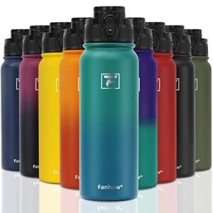 fanhaw insulated water bottle – 20 oz (chug lid) dishwasher safe stainless steel double-wall vacuum reusable leak&sweat proof sports water bottles with standard mouth anti-dust lid (green blue)