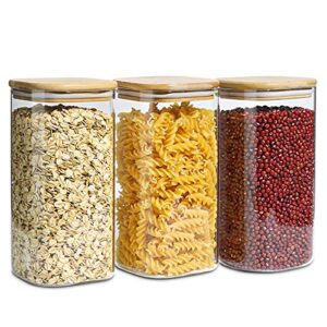 ktmama airtight glass storage canister with lid (50oz), clear food storage container jar with sealing bamboo lid for noodles flour cereal rice sugar tea coffee beans, square set of 3