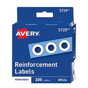 avery self-adhesive hole reinforcement stickers, 1/4″ diameter hole punch reinforcement labels, white, non-printable, 200 labels total (5729)