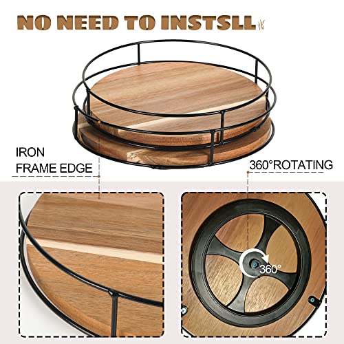 [ 2 Pack ] 9" & 10" Acacia Wood Lazy Susan Organizers with Steel Sides, Lazy Susan Turntable for Cabinet, Kitchen Turntable Storage for Table, Countertop, Pantry