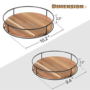 [ 2 Pack ] 9" & 10" Acacia Wood Lazy Susan Organizers with Steel Sides, Lazy Susan Turntable for Cabinet, Kitchen Turntable Storage for Table, Countertop, Pantry