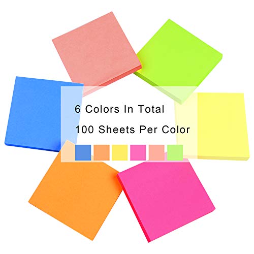 Teskyer 600 Sheets Sticky Notes, 3x3 Inch, 6 Pads Strong Adhesive Self-Stick Notes, 6 Bright Colors, 100 Sheets/Pad