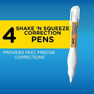 BIC Wite-Out Brand Shake 'n Squeeze Correction Pen, 8 ML Correction Fluid, 4-Count Pack of white Correction Pens, Fast, Clean and Easy to Use Office or School Supplies