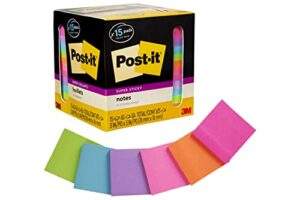 post-it super sticky notes, 3×3 in, 15 sticky note pads, 2x the sticky power, bright colors, post-it notes, super sticky note pads, stick notes, sticky pad, colorful sticky notes pack (654-15sscp)